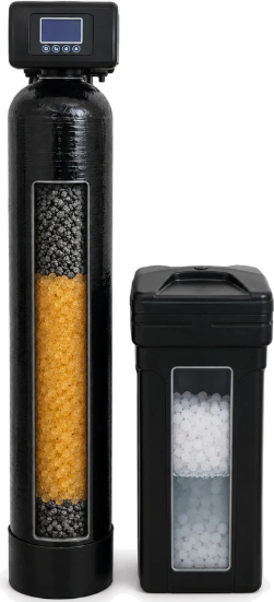 Single tank water filter and softener with brine tank